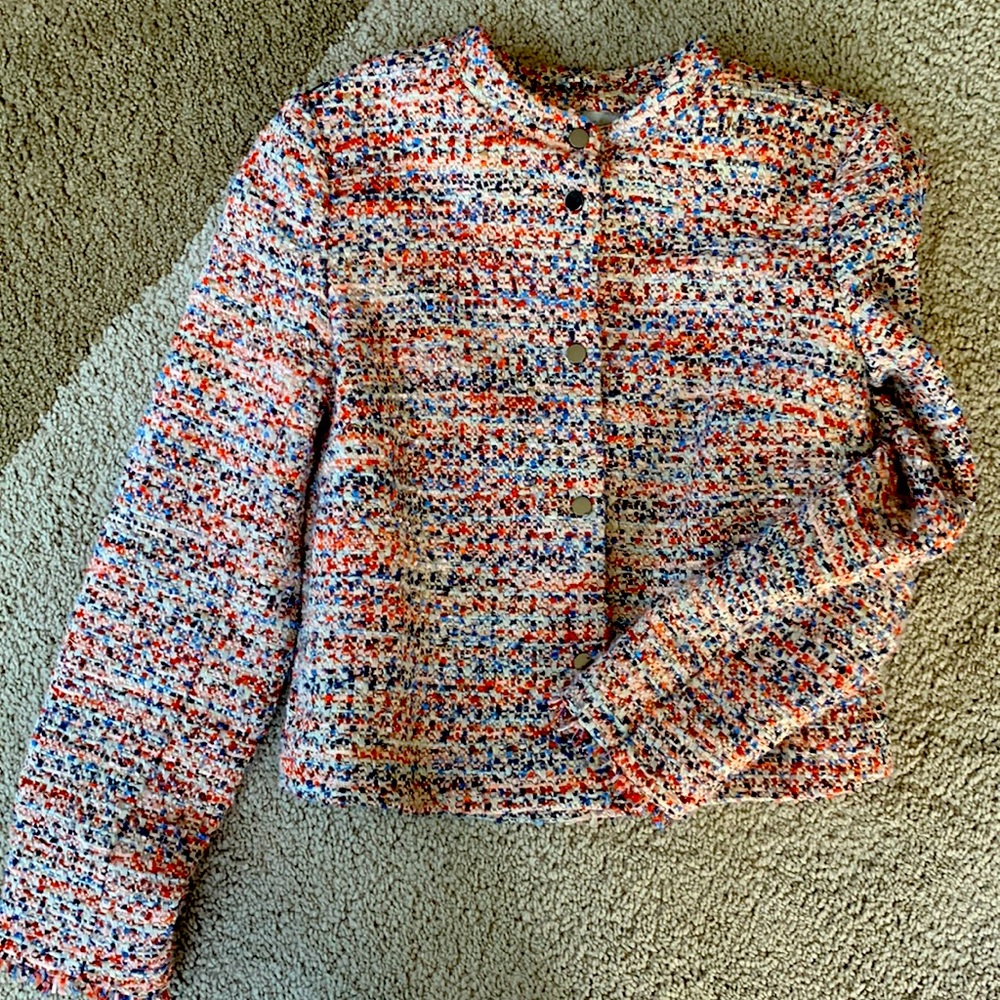 H&M tweed boucle jacket size 4 red blue cream pink multi colored fully lined